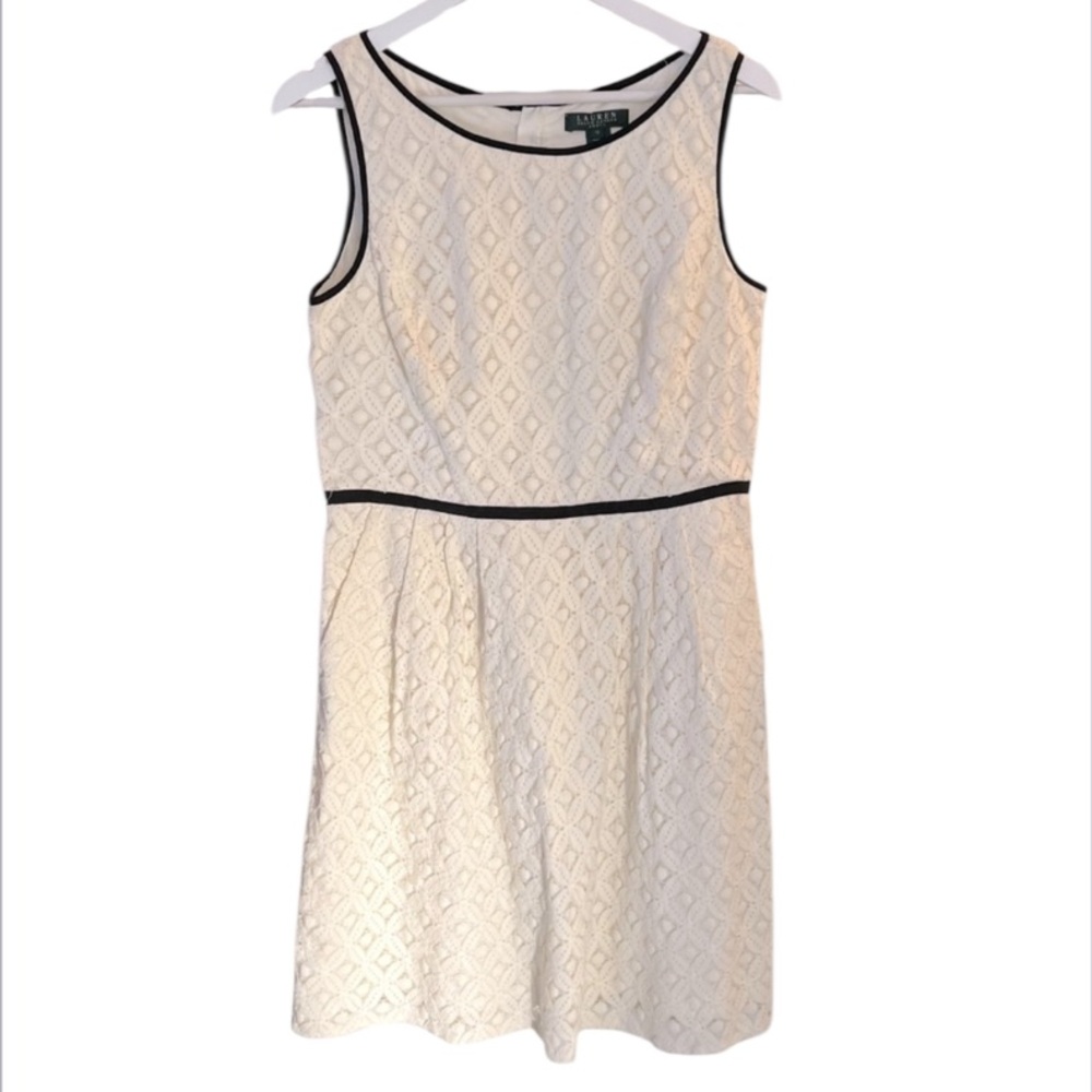 Lauren Ralph Lauren Cotton Blend Ivory Lace Mini Dress Black Trim, Women’s Sz 12